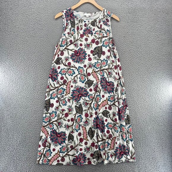 J Jill Dress Womens Small White Multi Floral T Shirt Swing Pintuck Pleat Yoke - Picture 1 of 11